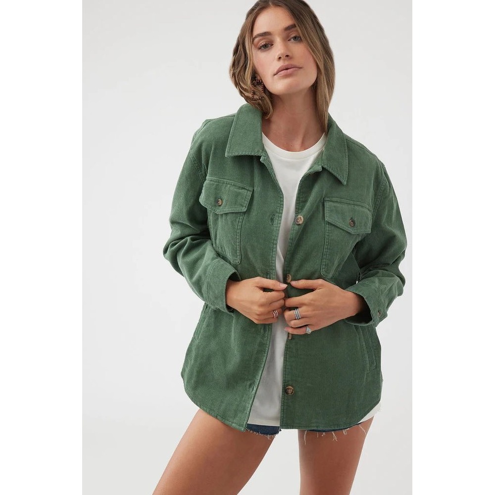 ONeill Tidal Button-Up Jacket Womens Small‎ Green Corduroy Shacket Shirt Jacket